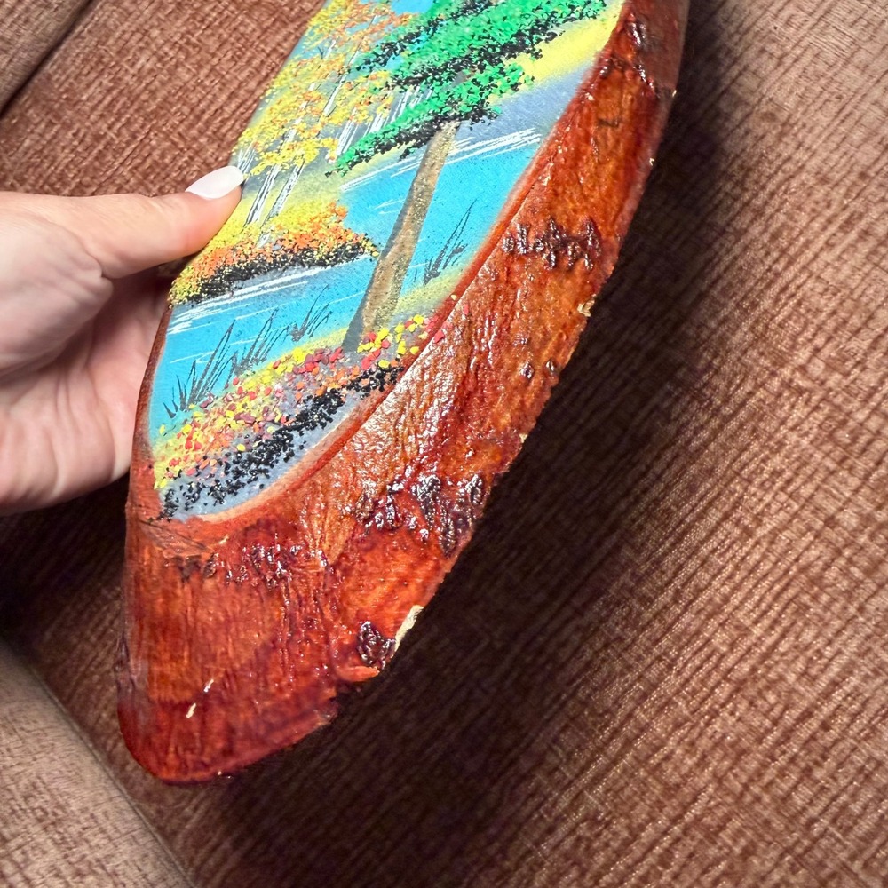 Vintage Hand Painted Live Edge Wood Slab Autumn Forest Lake Landscape Pebble Art - Picture 10 of 12